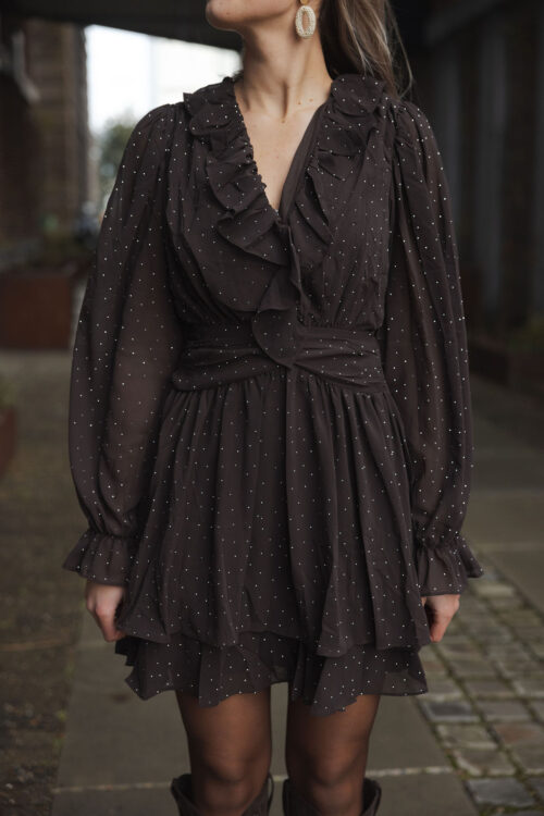 Loesjes ruffle jurkje met glitter donkerbruin