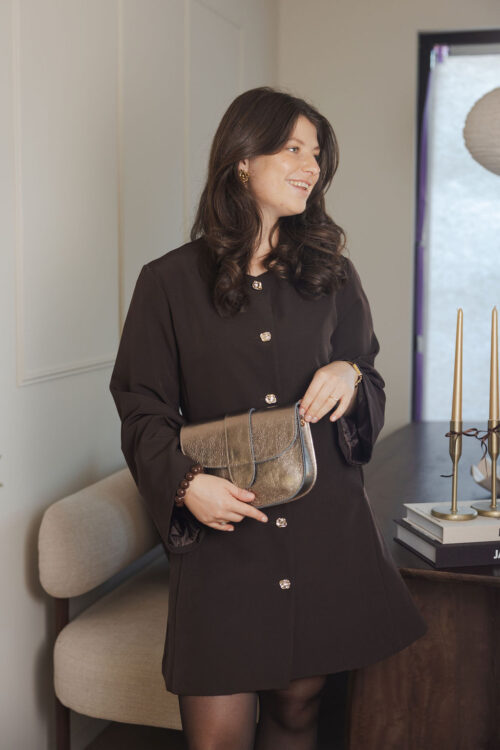 Loesjes limited blazer jurk met gouden knopen bruin