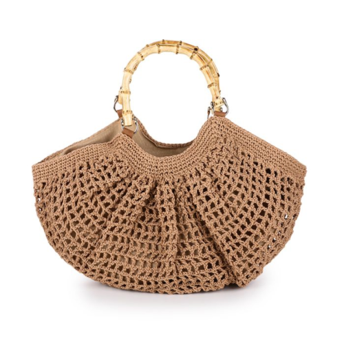 Loesjes rieten tas met houten handvat beige