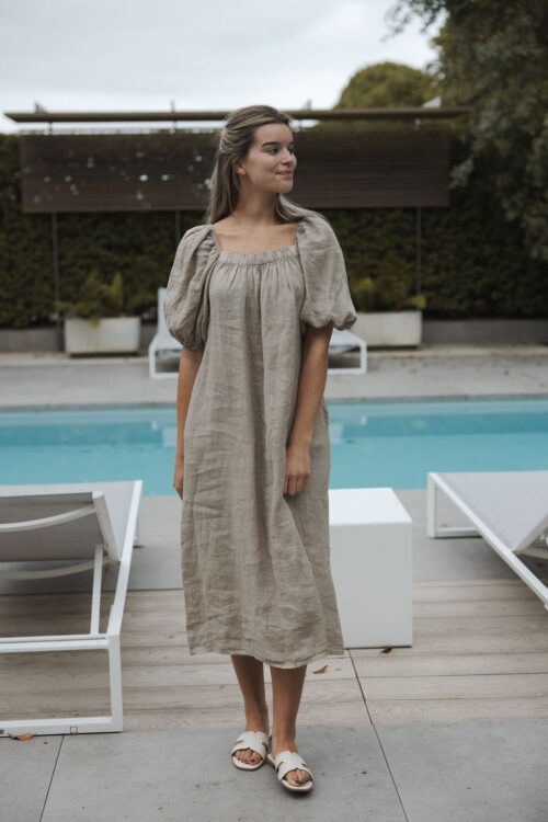 Loesjes linnen midi jurk square taupe