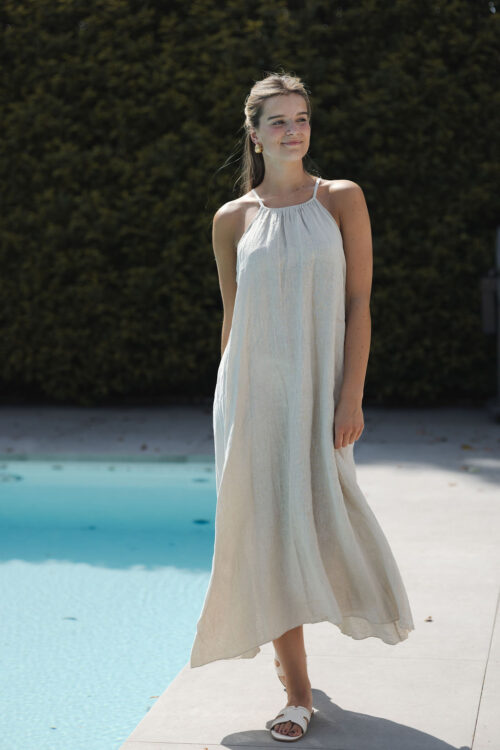 Loesjes maxi linnen halter jurk beige