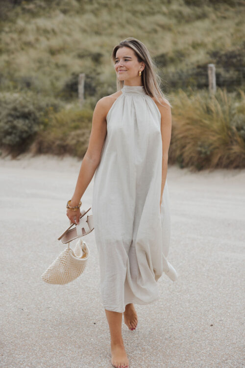 Loesjes midi halter jurk beige