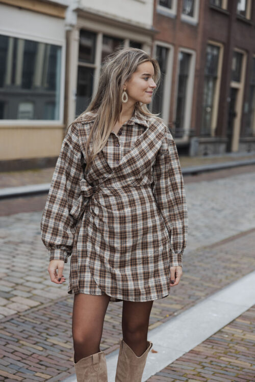 Loesjes overslag ruit jurkje bruin/beige