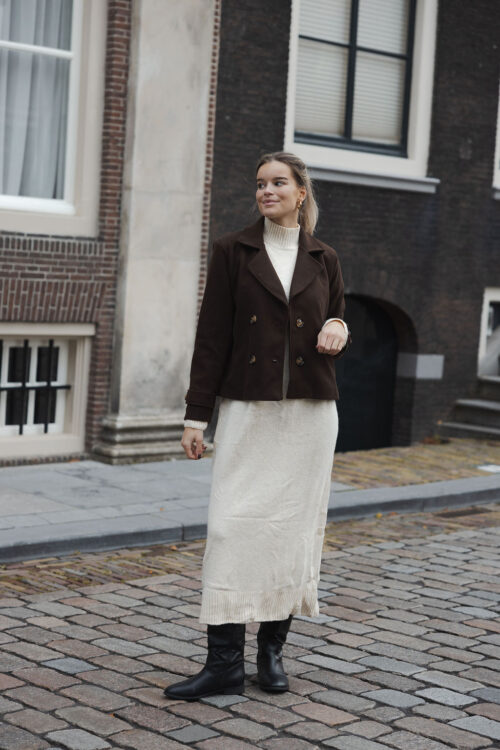 Loesjes wollen trenchcoat jasje kort donkerbruin